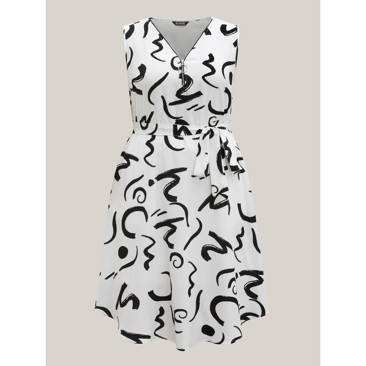 Plus Size Scribble Print Belted Zipper Midi Dress Originalwhite Women V-neck Sleeveless Curvy BloomChic 12/L Product Image