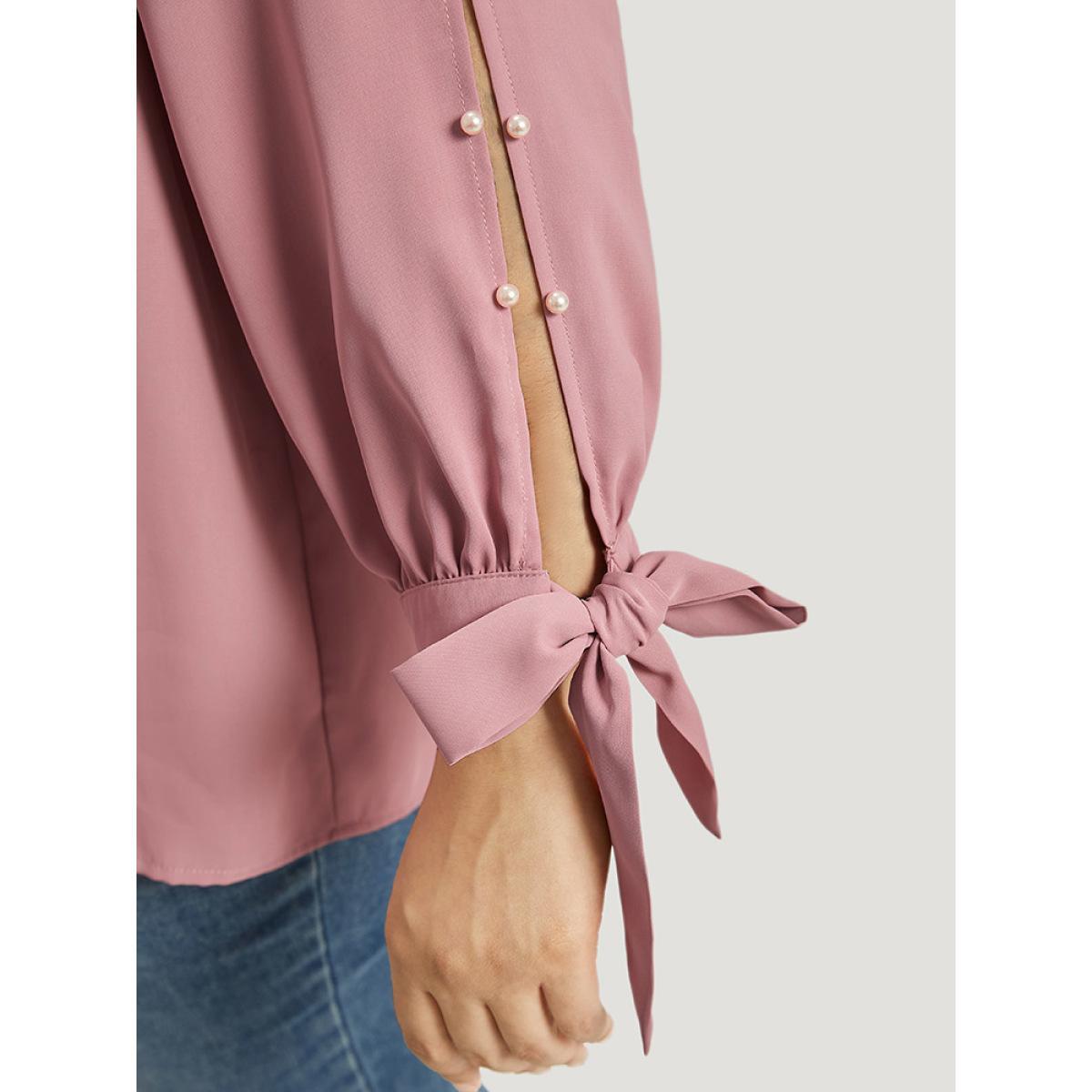 Plus Size DustyPink Plain Pleated Ties Beaded Notched Blouse Women Elegant Long Sleeve Notched collar Dailywear Blouses BloomChic 30/6X Product Image