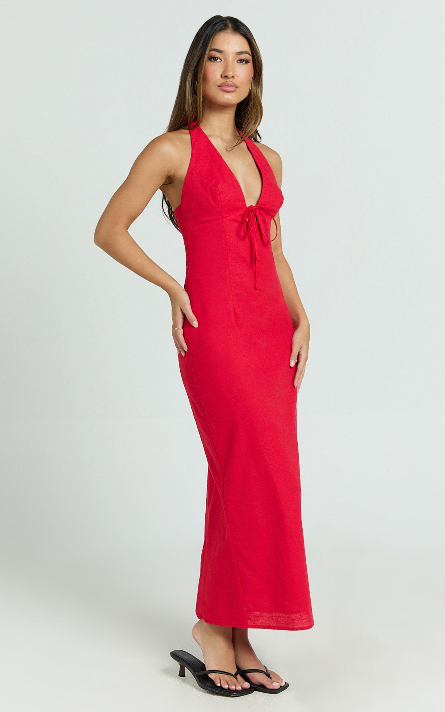 Arlette Midi Dress - Strappy V Neck Under Bust Gathered Tie Front Bias Slip Skirt Dress in Red Product Image