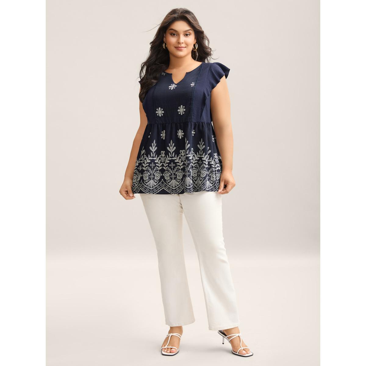 Plus Size Midnight Floral Boho Print Ruffled Plain Blouse Women Cap Sleeve Round Neck Everyday-Elegant Blouses BloomChic 30/6X Product Image