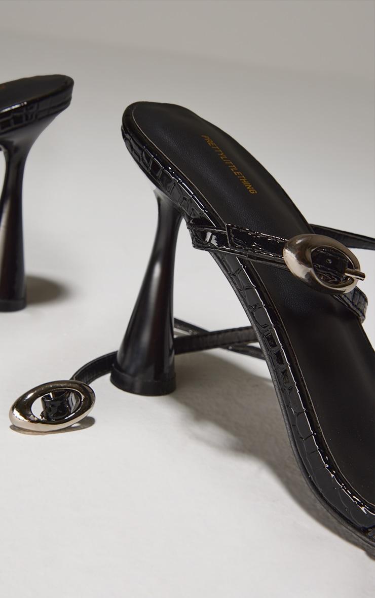 Black Croc PU Round Toe Silver Buckle Cross Strap Detail High Heeled Sandals Product Image