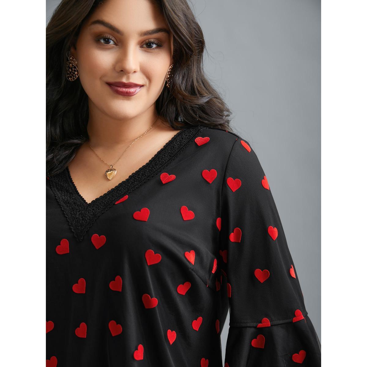 Plus Size Black V-Neck Hearts Mesh Lace Detailing Blouse Women Elegant Elbow-length sleeve V-neck Everyday Blouses BloomChic 10/M Product Image