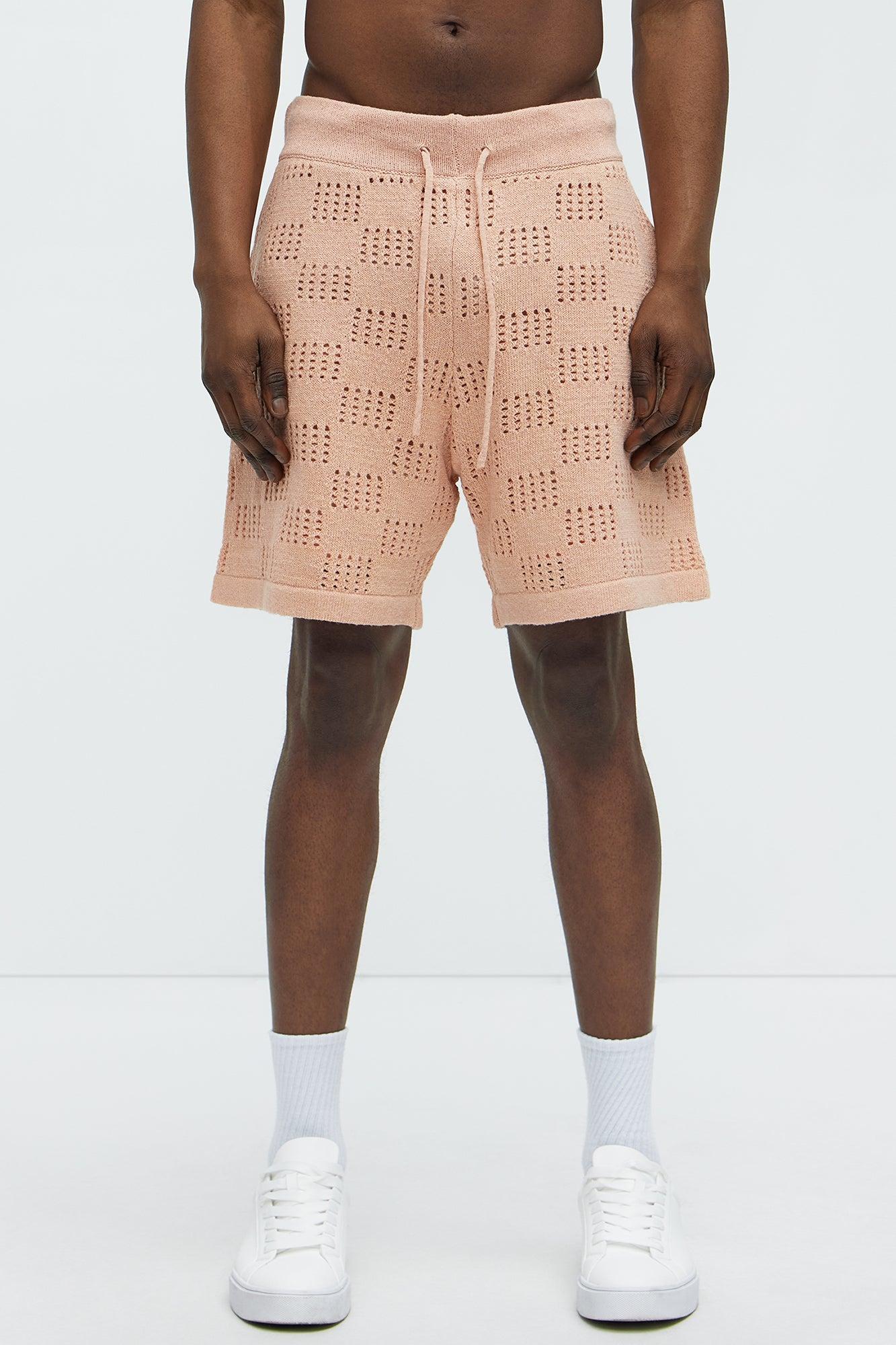 Checkered Open Knit Shorts - Pink Product Image
