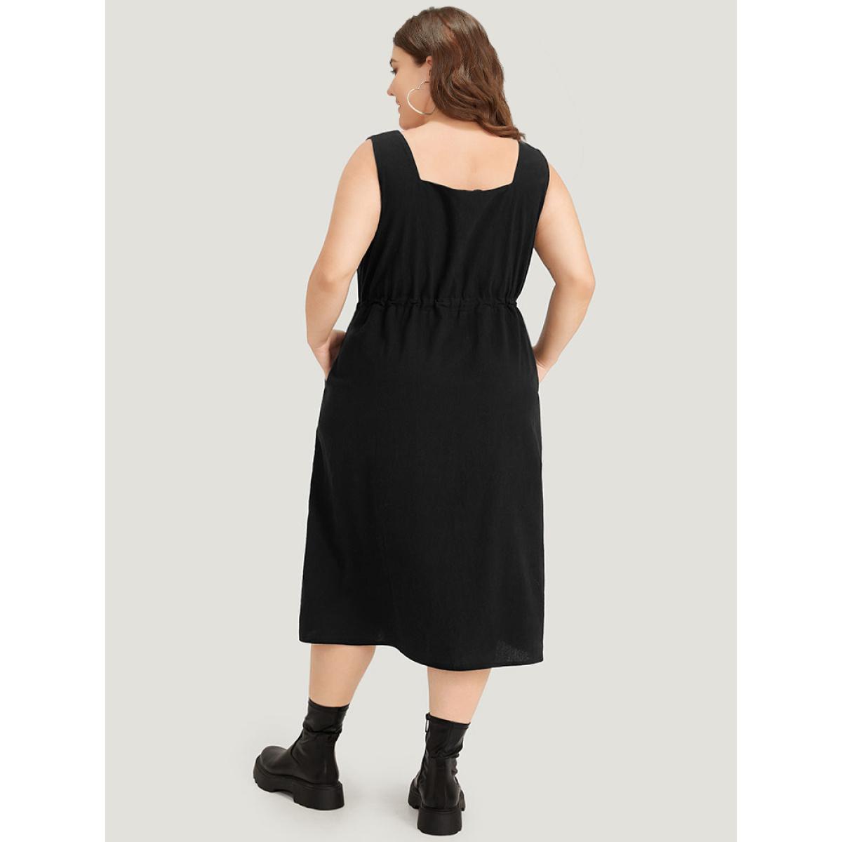 Plus Size Plain Pocket Drawstring Square Neck Tank Dress Black Women Casual Plain Square Neck Sleeveless Curvy Midi Dress BloomChic 28/5X Product Image