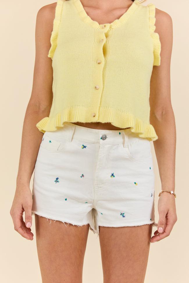 Faded Gardens Off White Floral Embroidered Denim Shorts SALE Product Image