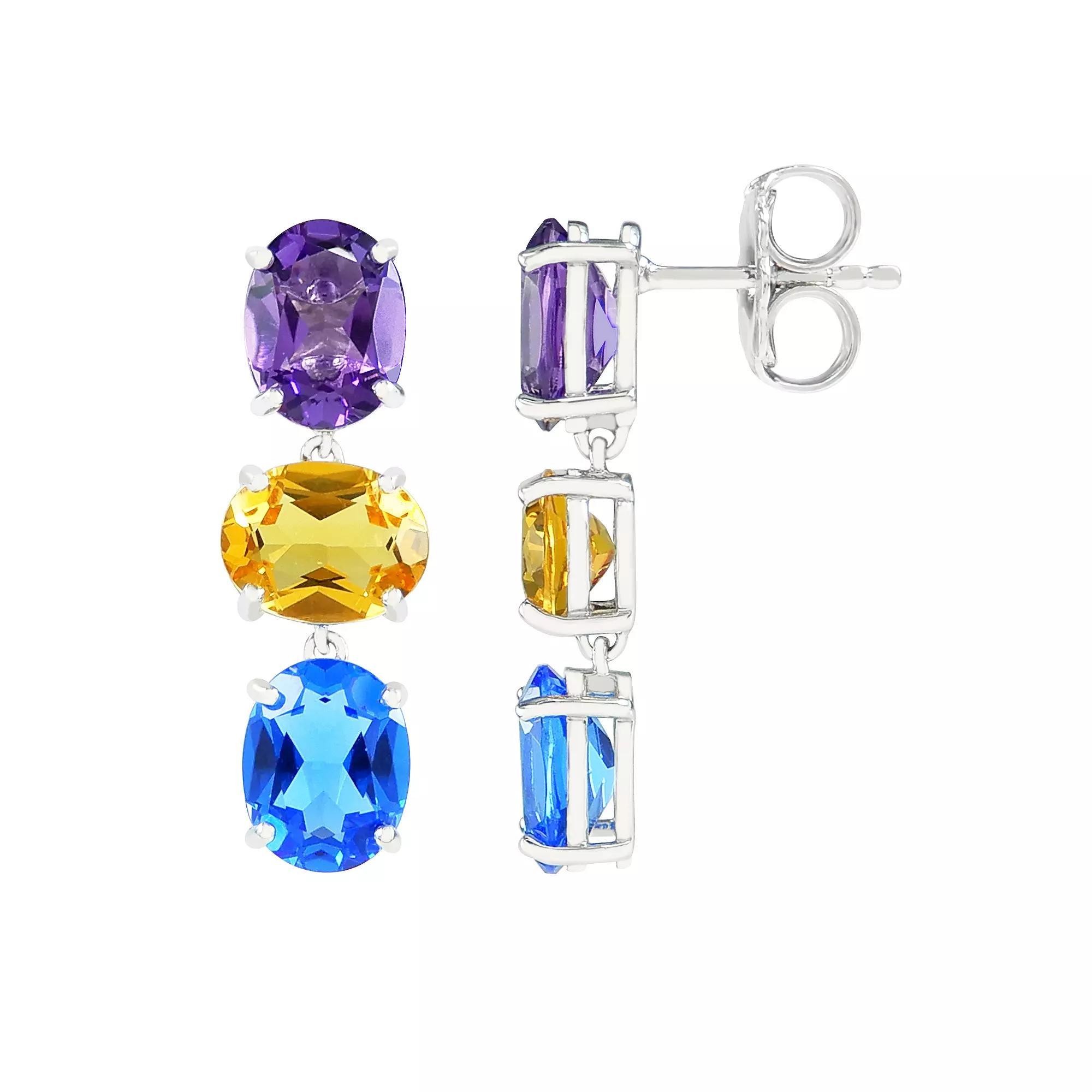SIRI USA by TJM Sterling Silver Simulated Purple, Yellow & Blue Quartz Triple Drop Earrings, Womens Product Image