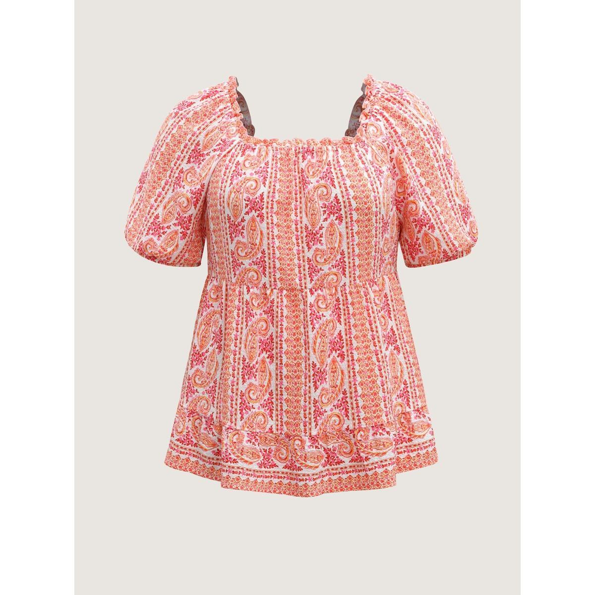 Plus Size WhiteSmoke Stripe Paisley Print Ruffled Neck Blouse Women Short sleeve Square Neck Everyday-Elegant Blouses BloomChic 22-24/3X Product Image