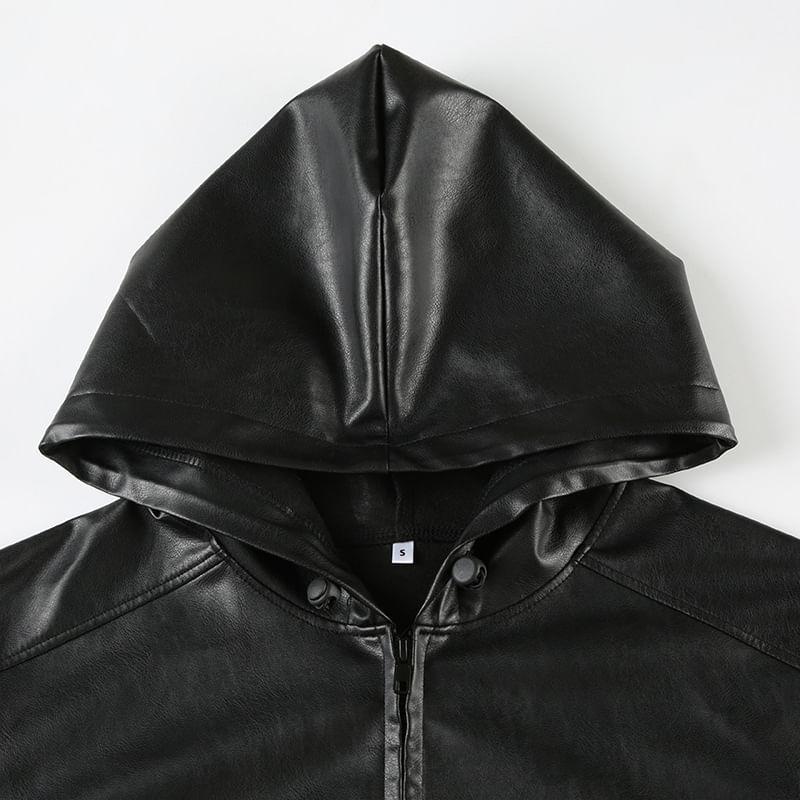 Faux Leather Hooded Zip-Up Crop Jacket Product Image