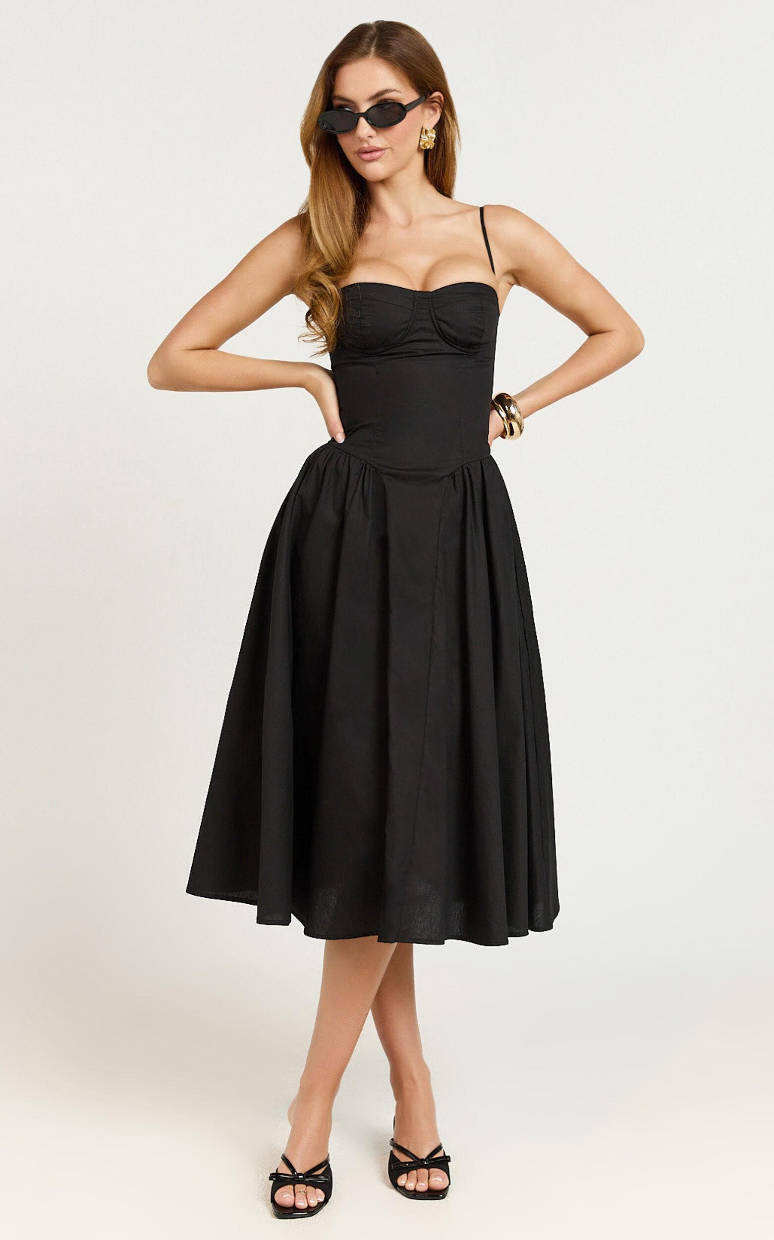 April Midi Dress - Sweetheart Wide Pleated Dress in Black Product Image