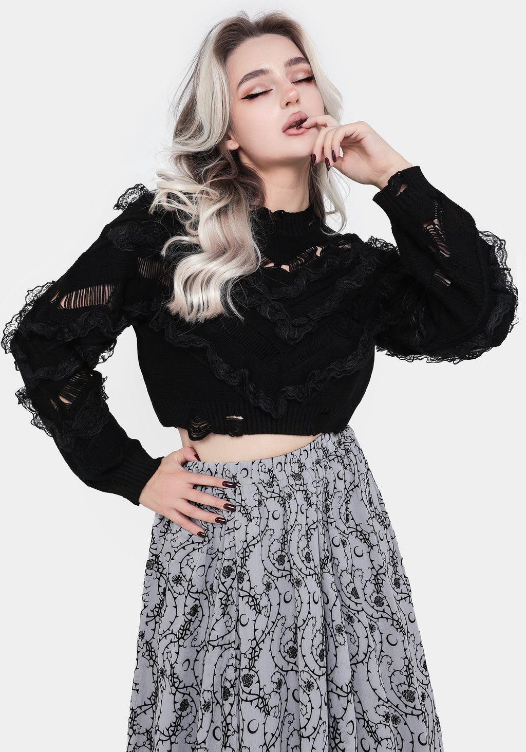 Volla Lace Ruffle Distressed Knit Crop Sweater Product Image