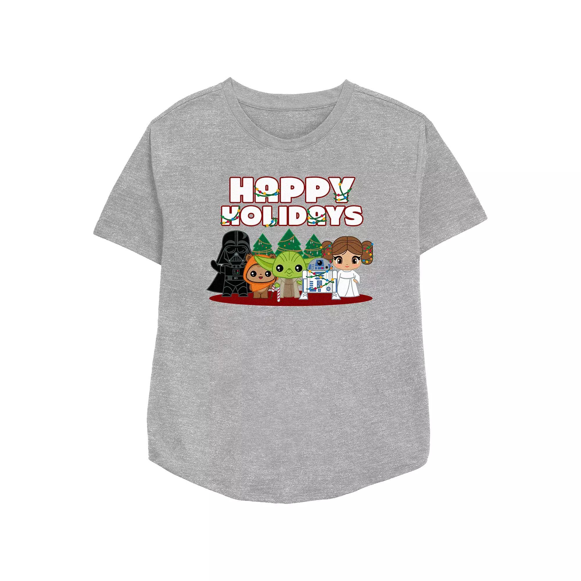 Women's Star Wars Characters Happy Holidays Relaxed Fit Graphic Tee, Size: XS, Athletic Grey Product Image