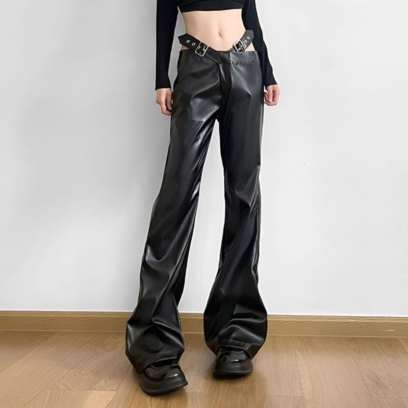 Low Rise Cutout Faux Leather Wide Leg Pants Product Image