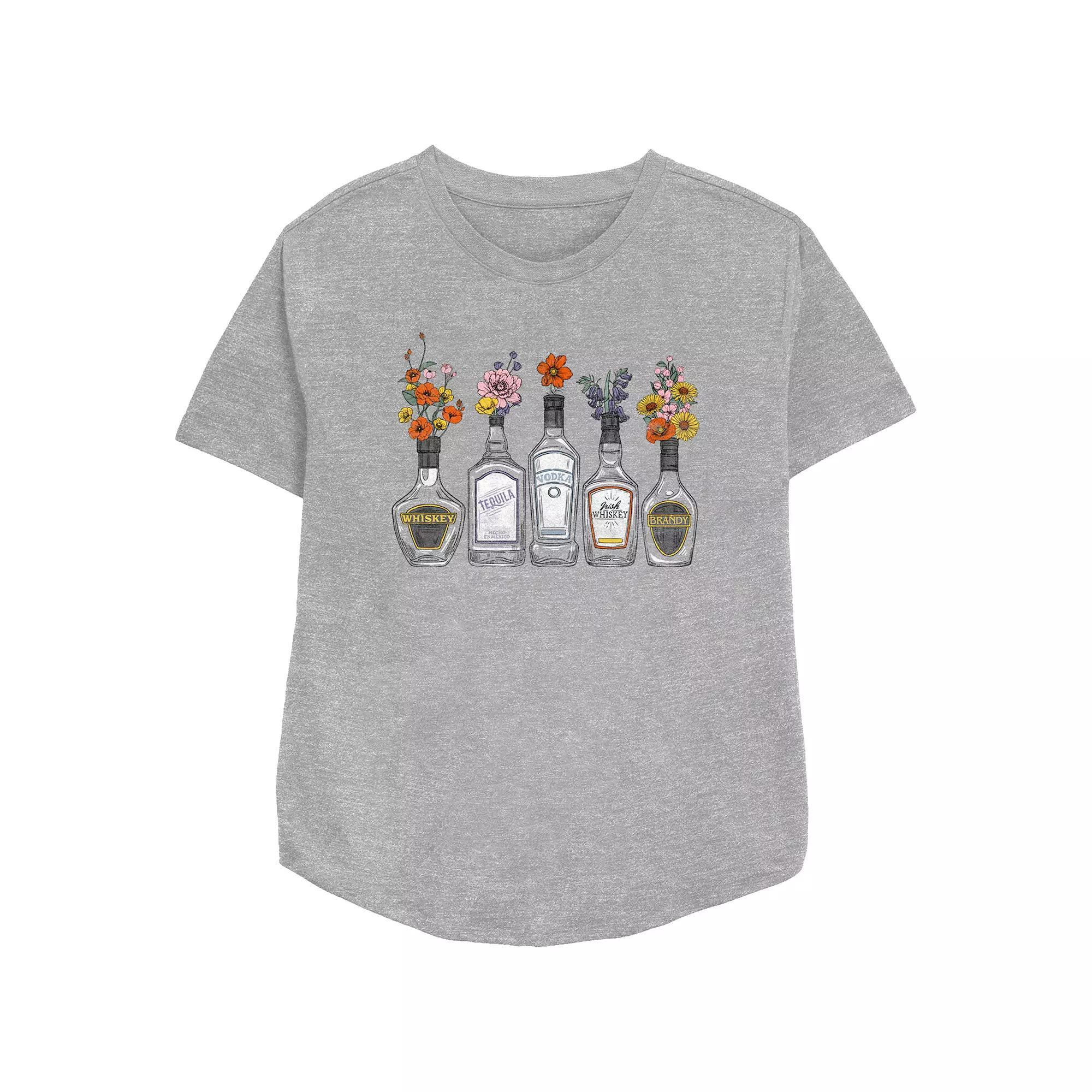 Women's Whiskey, Tequila, Vodka & Brandy Floral Arrangements Relaxed Fit Graphic Tee, Girl's, Size: XXL, Athletic Grey Product Image