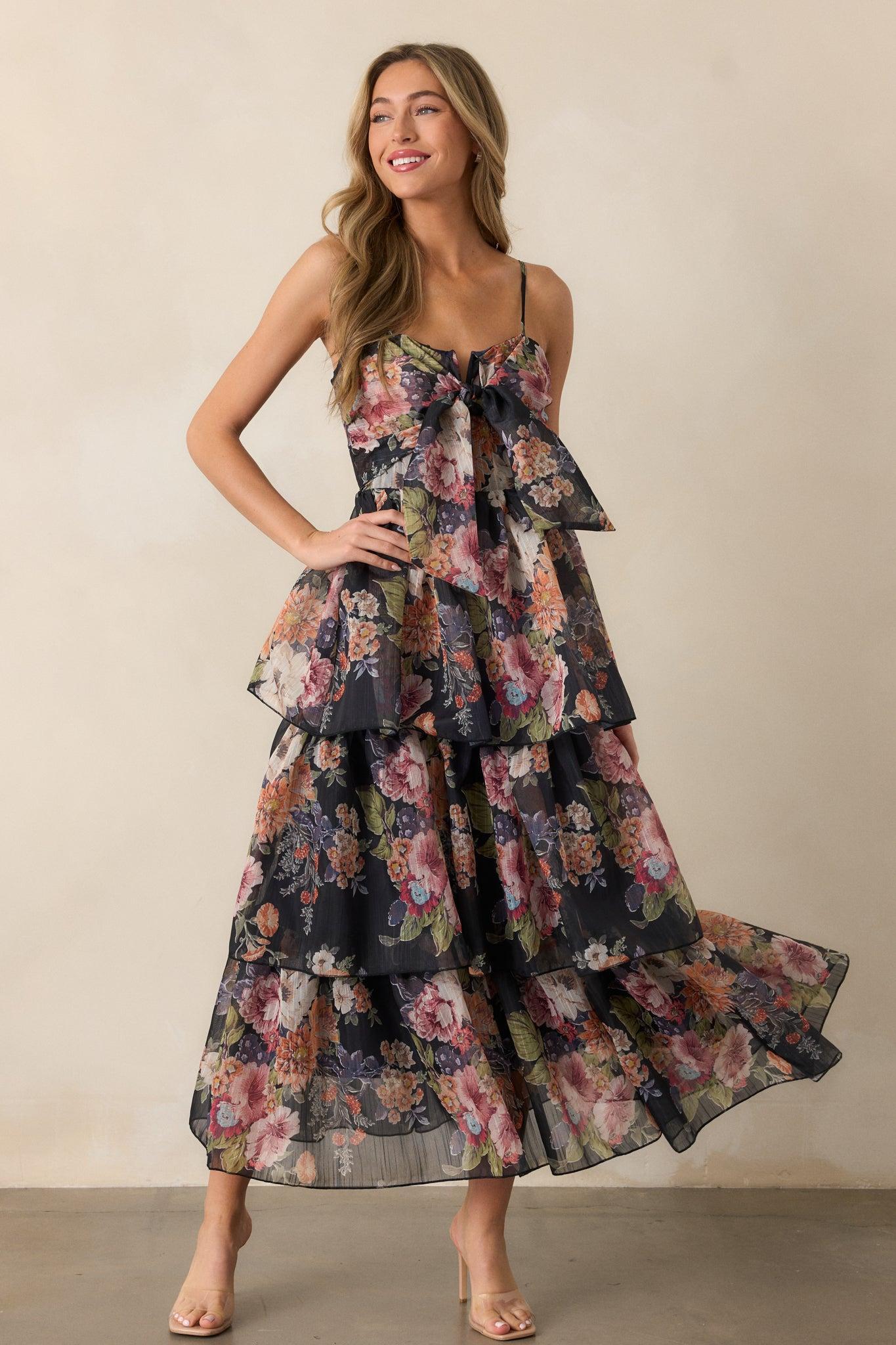 Wishing You Well Navy Floral Tiered Midi Dress Product Image
