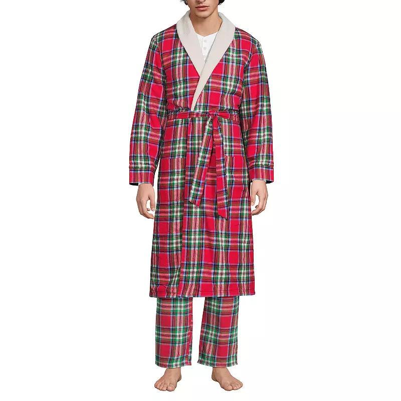 Mens Lands End Sherpa-Lined Flannel Robe Deep Blue Product Image