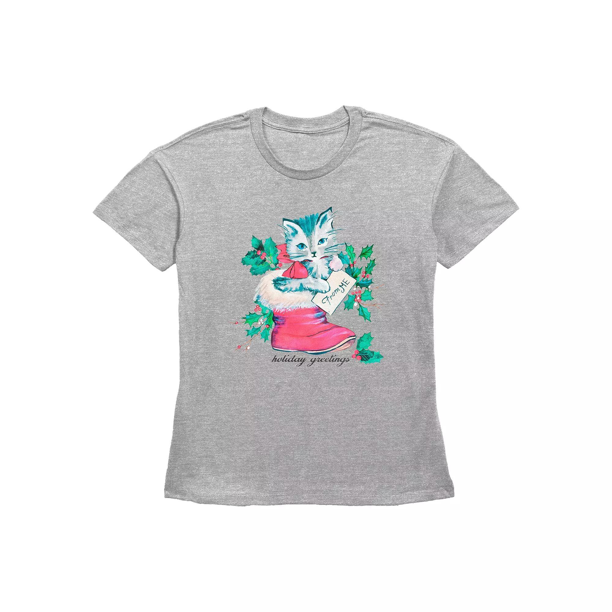 Women's Holiday Greetings Christmas Kitty Stocking Stuffer Graphic Tee, Size: Large, Grey Gray Product Image
