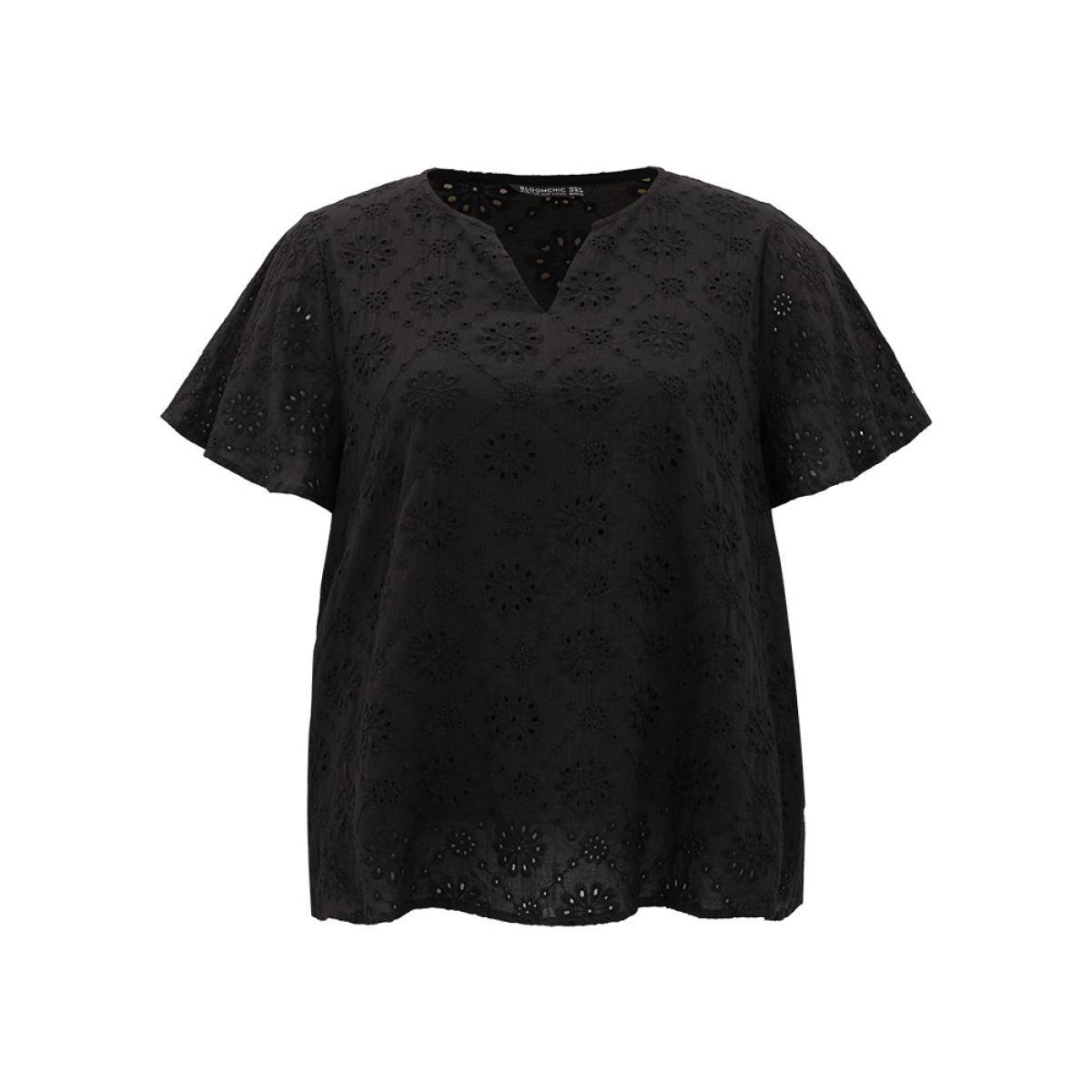 Plus Size Black Solid Broderie Anglaise Notched Ruffle Sleeve Blouse Women Vacation Short sleeve Notched collar Dailywear Blouses BloomChic 22-24/3X Product Image