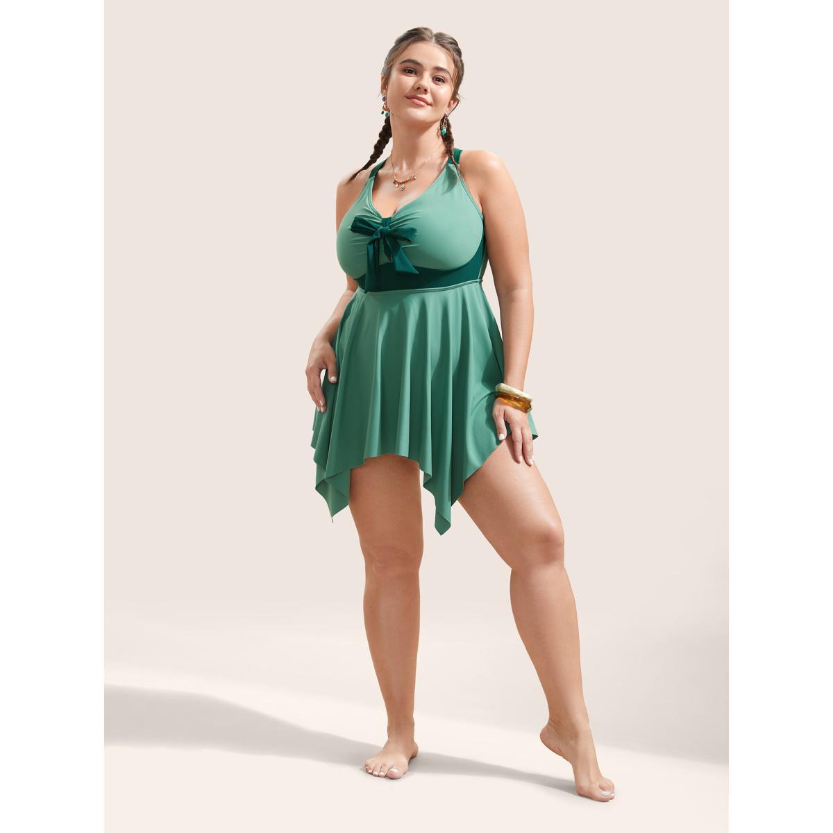 Plus Size Plain Patchwork Bowknot Hanky Hem Swim Dress Women's Swimwear Mint Beach Bodycon V-neck High stretch Curve Swim Dresses BloomChic 10/M Product Image