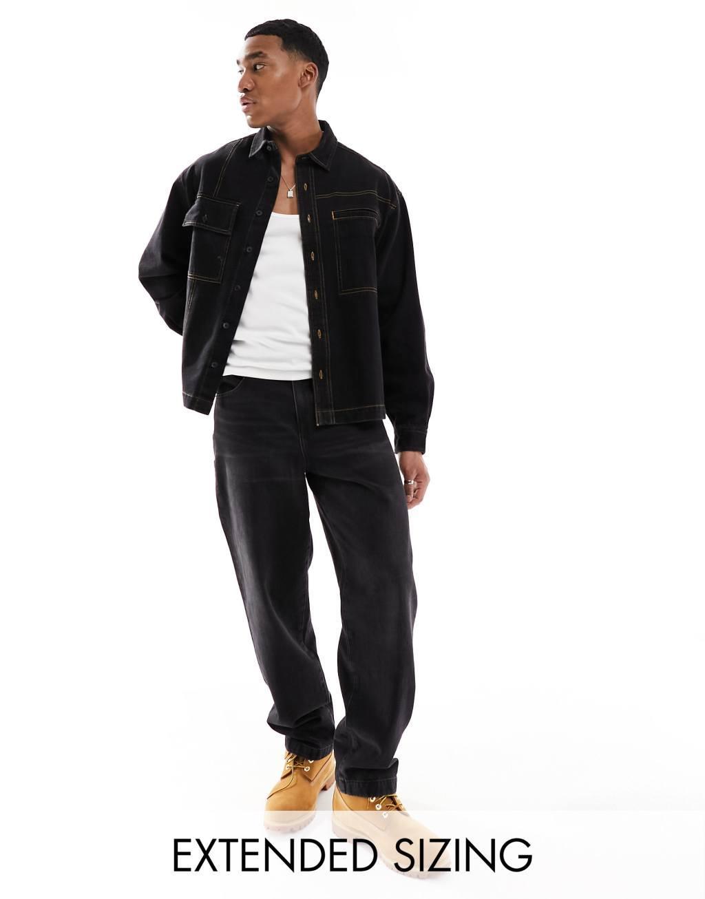 ASOS DESIGN boxy oversized revere shirt with contrast stitch in black  Product Image