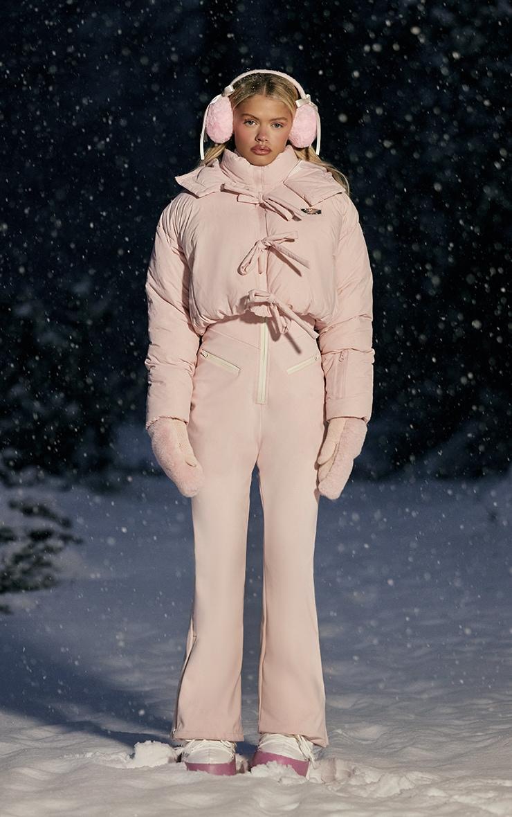 PRETTYLITTLETHING SKI Pink Bow Oversized Cropped Detail Puffer Coat Product Image