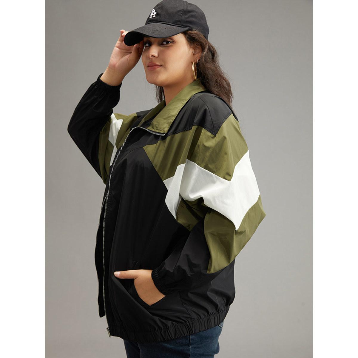 Plus Size Colorblock Patchwork Pocket Zipper Windbreaker Women Multicolor Contrast Pocket Everyday Jackets BloomChic 12/L Product Image
