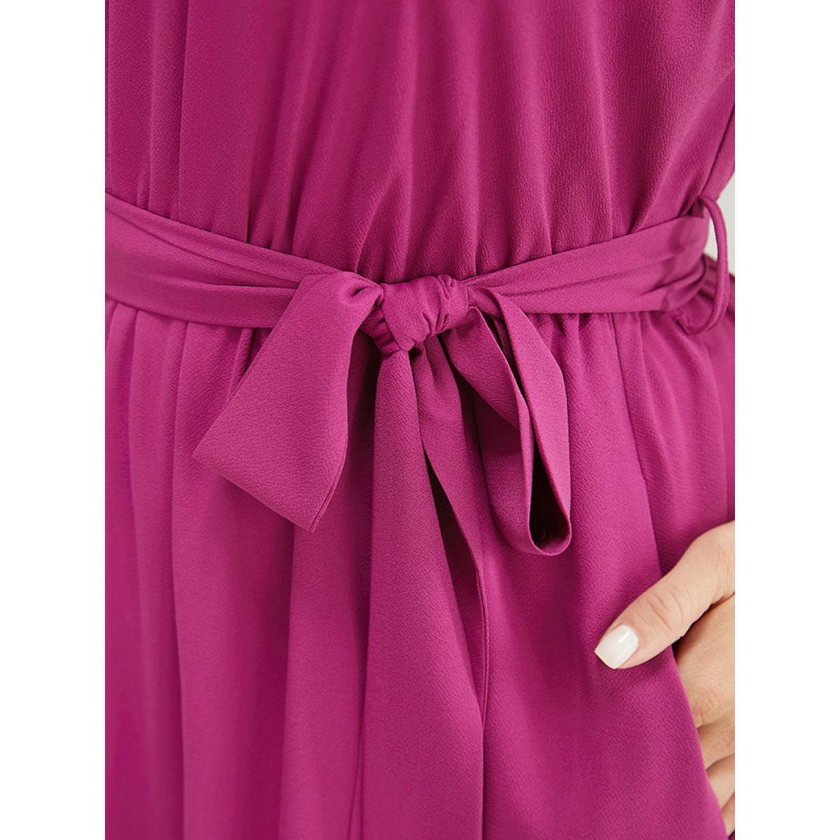 Plus Size Plain Notched Shirred Frill Trim Pocket Belted Dress RedViolet Women Office Gathered Notched collar Short sleeve Curvy Midi Dress BloomChic 28/5X Product Image