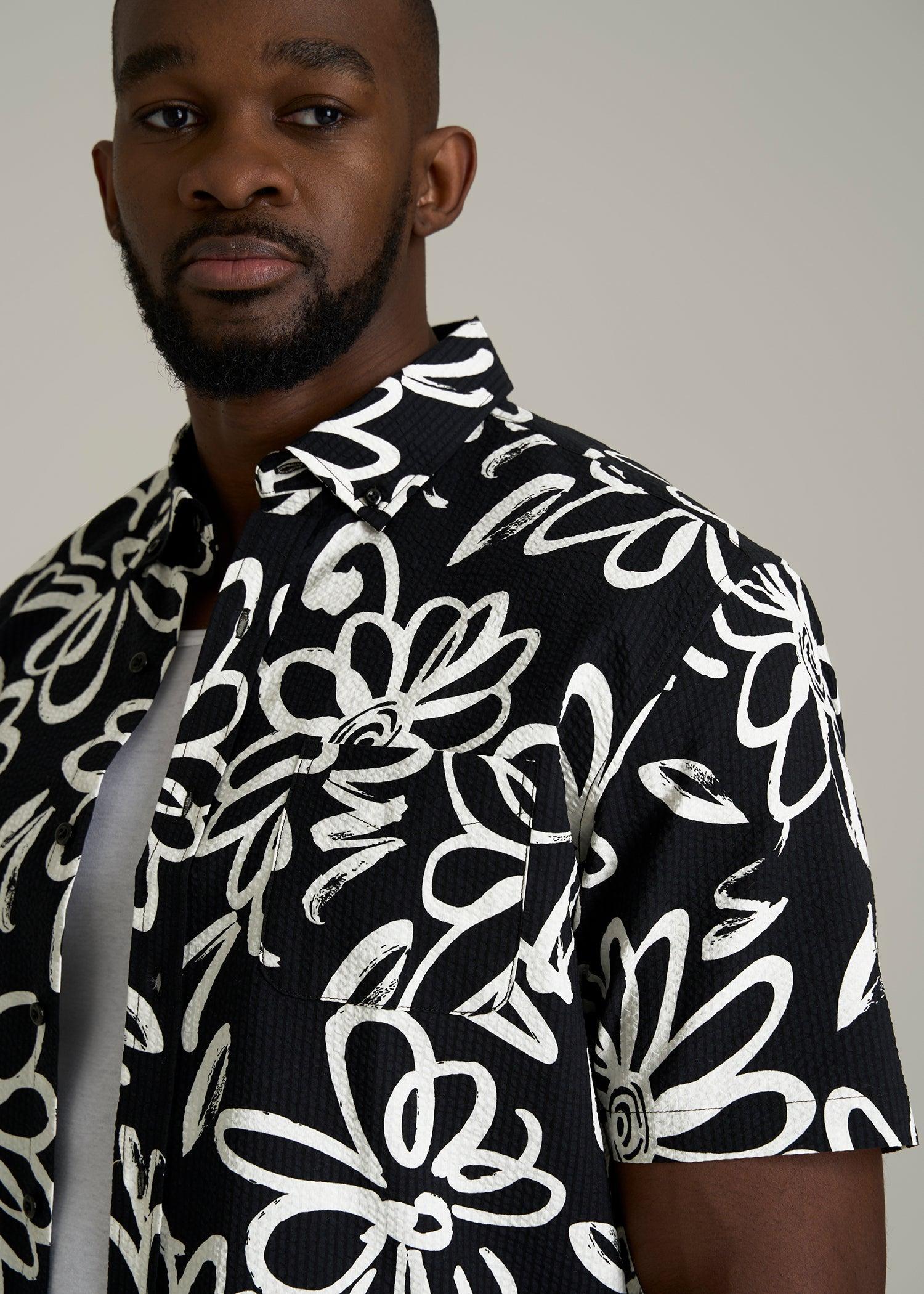 Seersucker Tall Men's Short Sleeve Shirt in Black and White Floral Male Product Image
