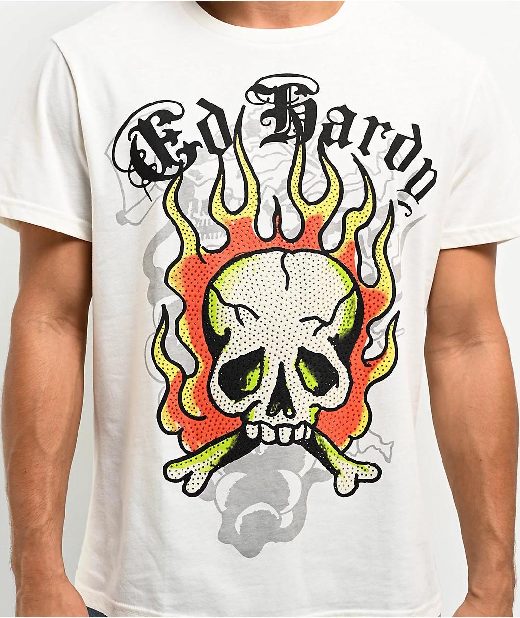 Ed Hardy Flame Skull Ivory T-Shirt Product Image