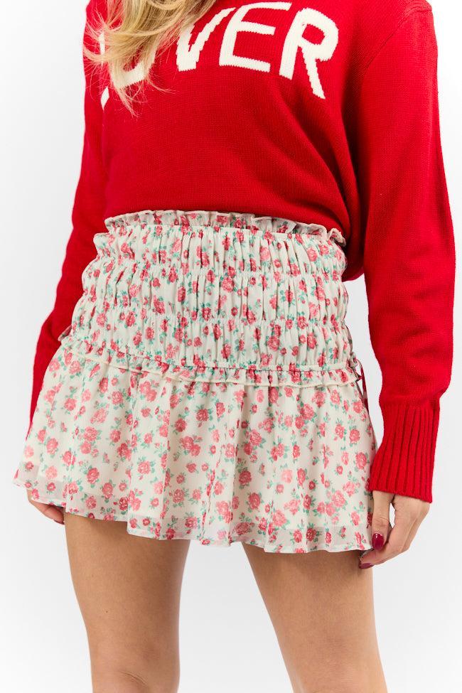Cross My Path Ivory and Red Drop Smocked Waist Mini Skort FINAL SALE Product Image