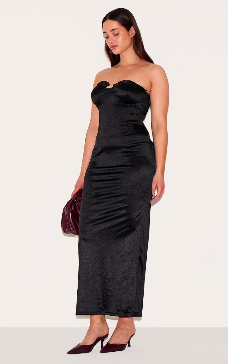 Shape Black Satin Lace Trim Tie Back Maxi Dress Product Image