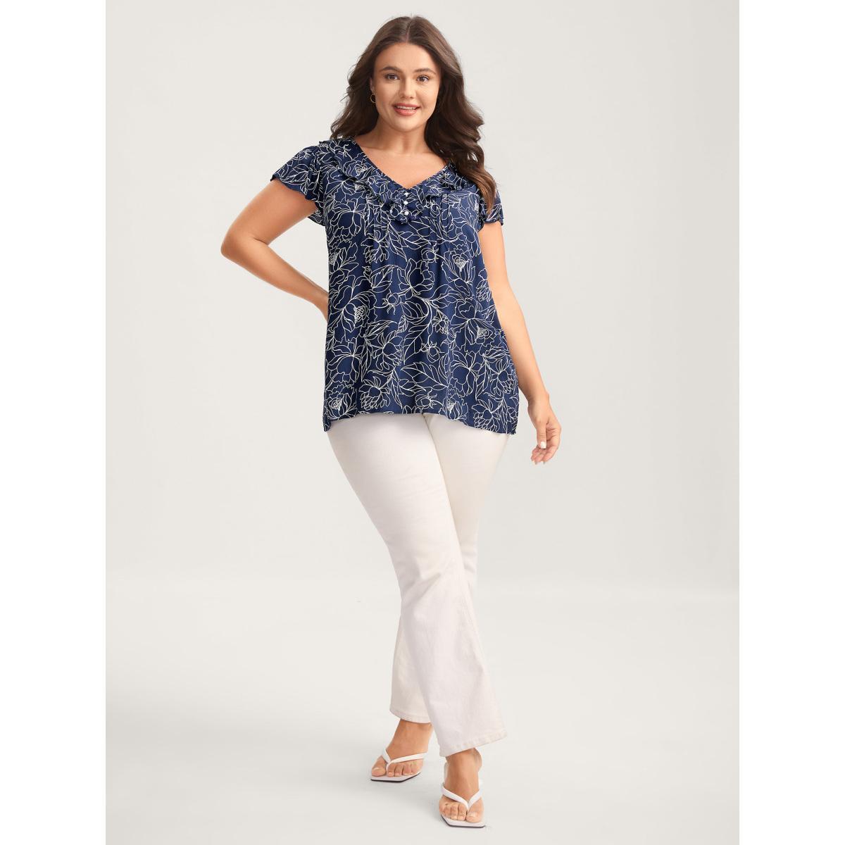 Plus Size DarkBlue Floral Abstract Print Ruffled Blouse Women Short sleeve V-neck Everyday-Elegant Blouses BloomChic 26/4X Product Image