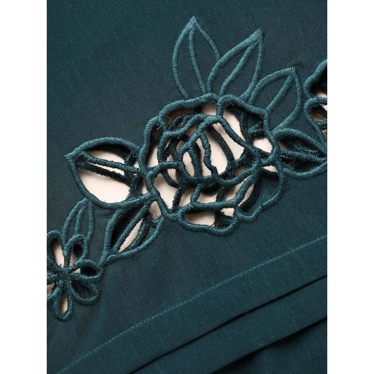 Plus Size DarkGreen Broderie Anglaise Gathered Tie Knot Blouse Women Elegant Elbow-length sleeve V-neck Everyday Blouses BloomChic 10/M Product Image