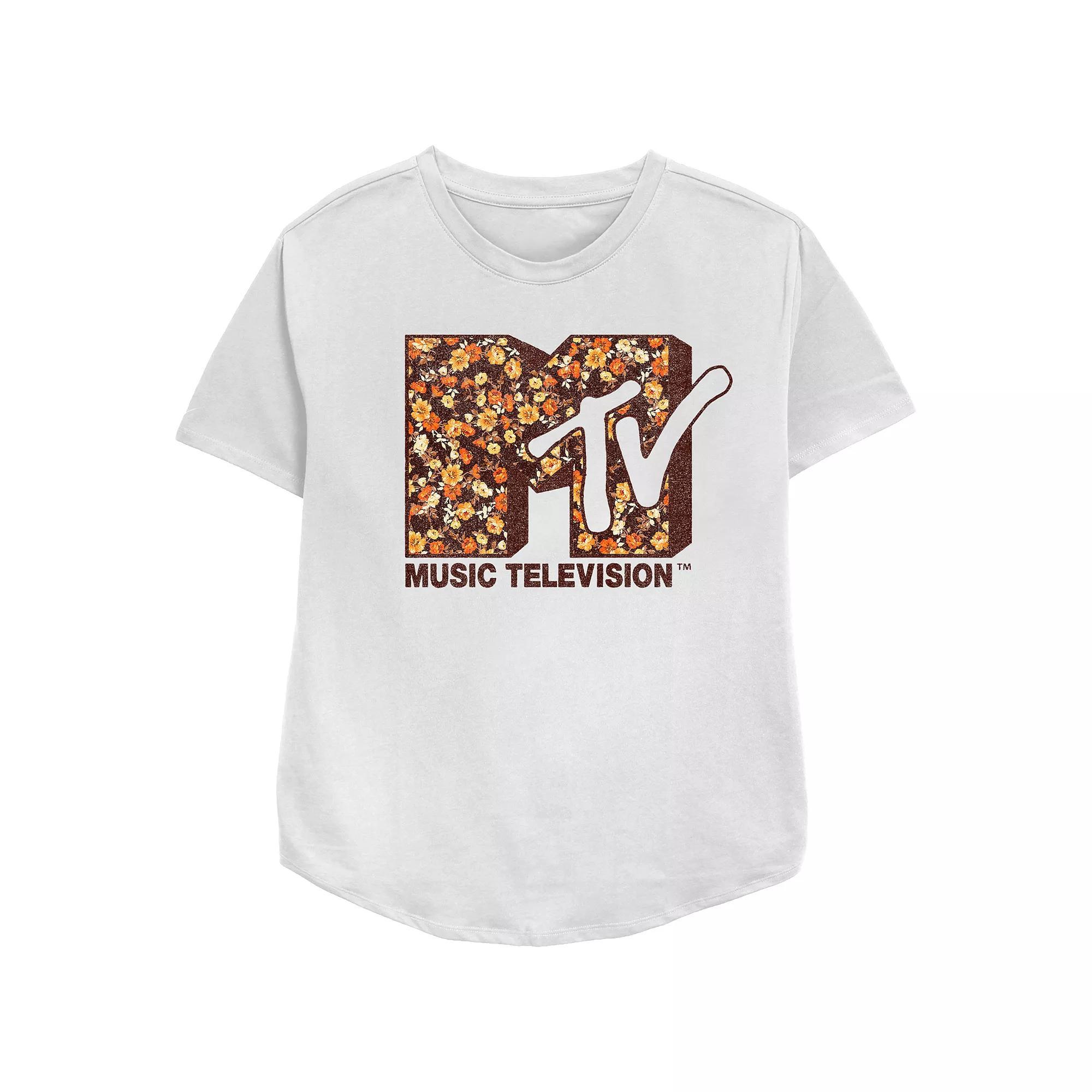 Juniors' MTV Autumn Flowers Print Logo Relaxed Fit Graphic Tee, Women's, Size: Medium, White Product Image