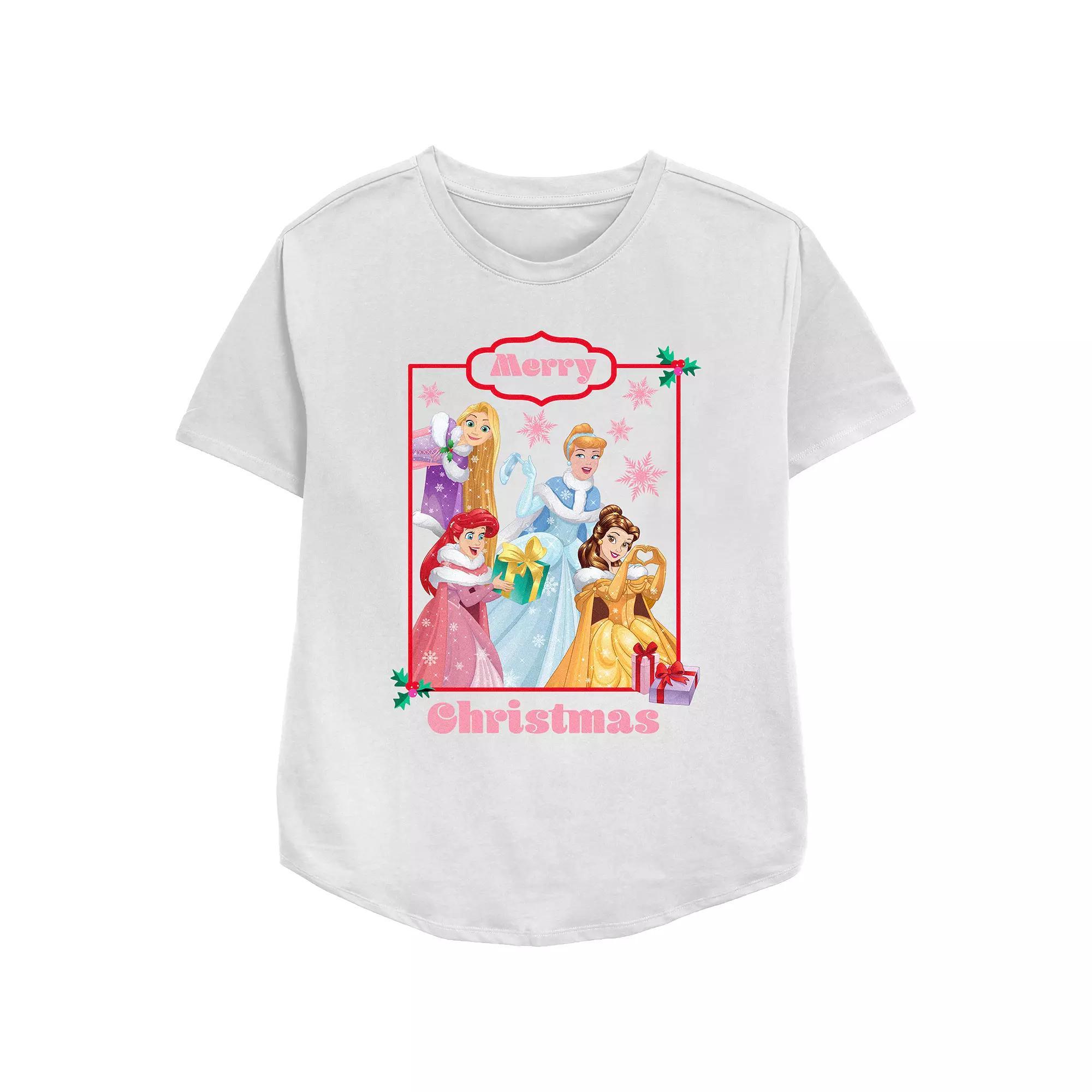 Disney Princess Rapunzel, Cinderella, Ariel & Belle Merry Christmas Women's Relaxed Fit Graphic Tee, Size: XXL, White Product Image