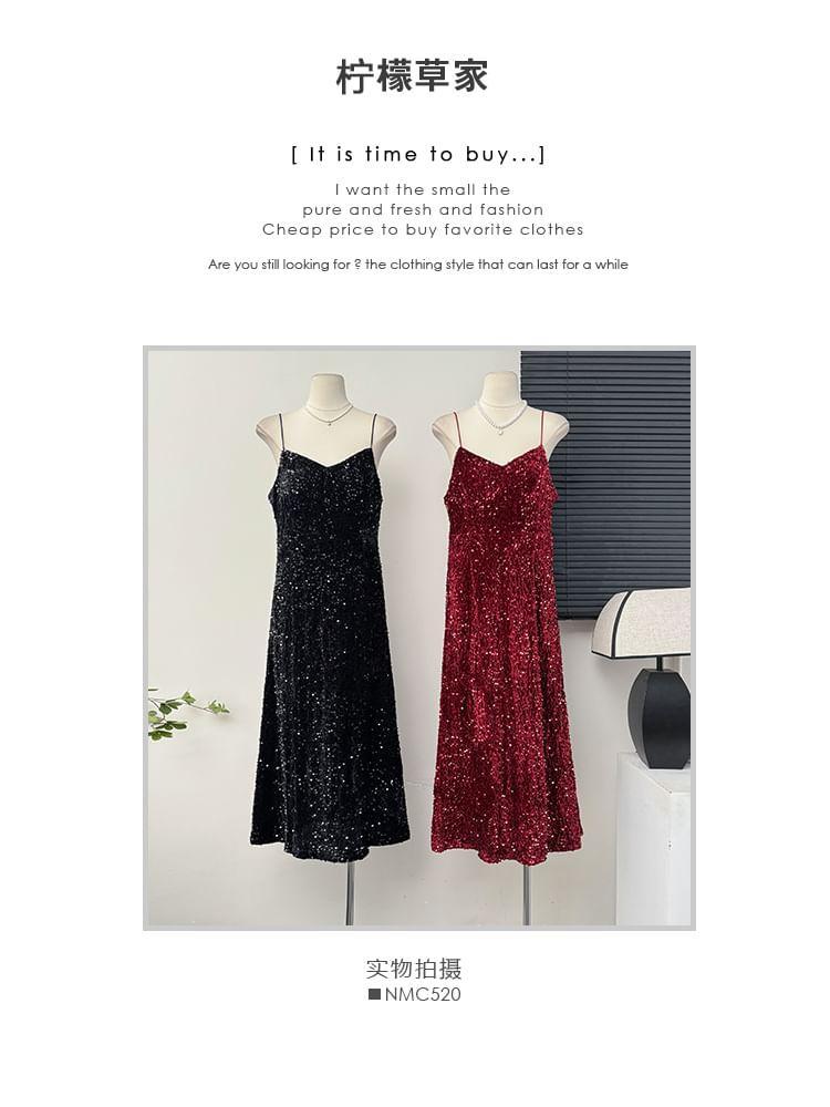 Velvet Sequined Sleeveless V-Neck Maxi Dress Product Image