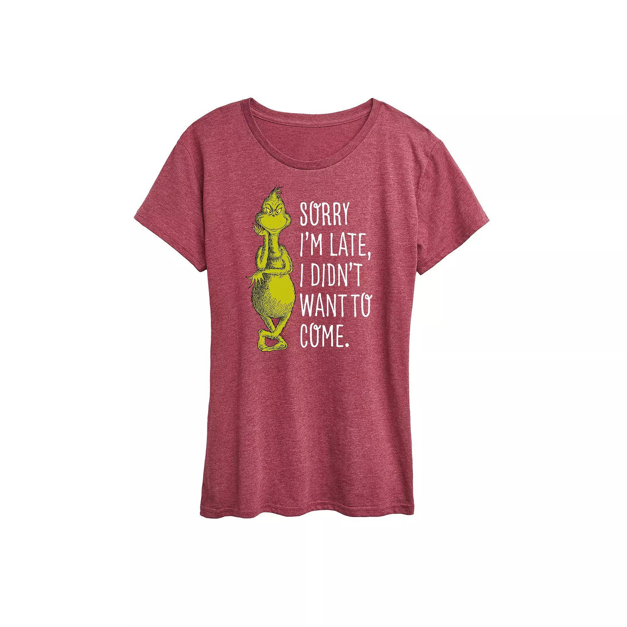 Women's Dr. Seuss The Grinch Sorry I'm Late Graphic Tee, Girl's, Size: Medium, Grey Dark Red Product Image