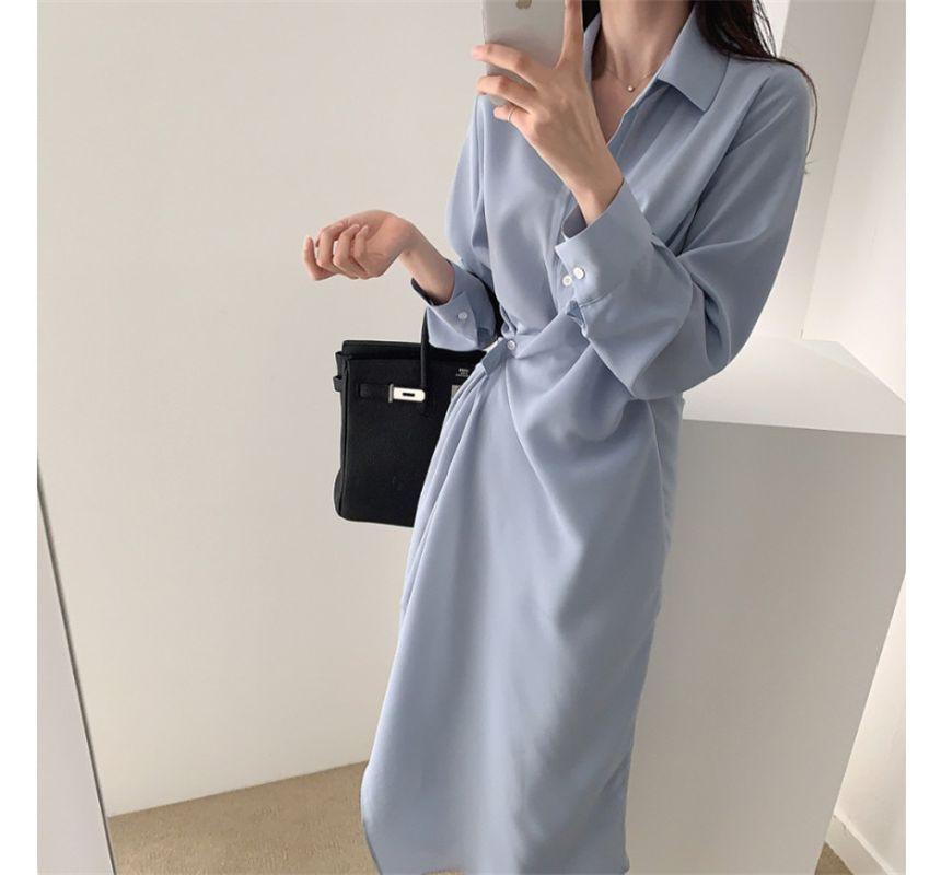Long-Sleeve Plain Asymmetrical Midi A-Line Shirt Dress Product Image