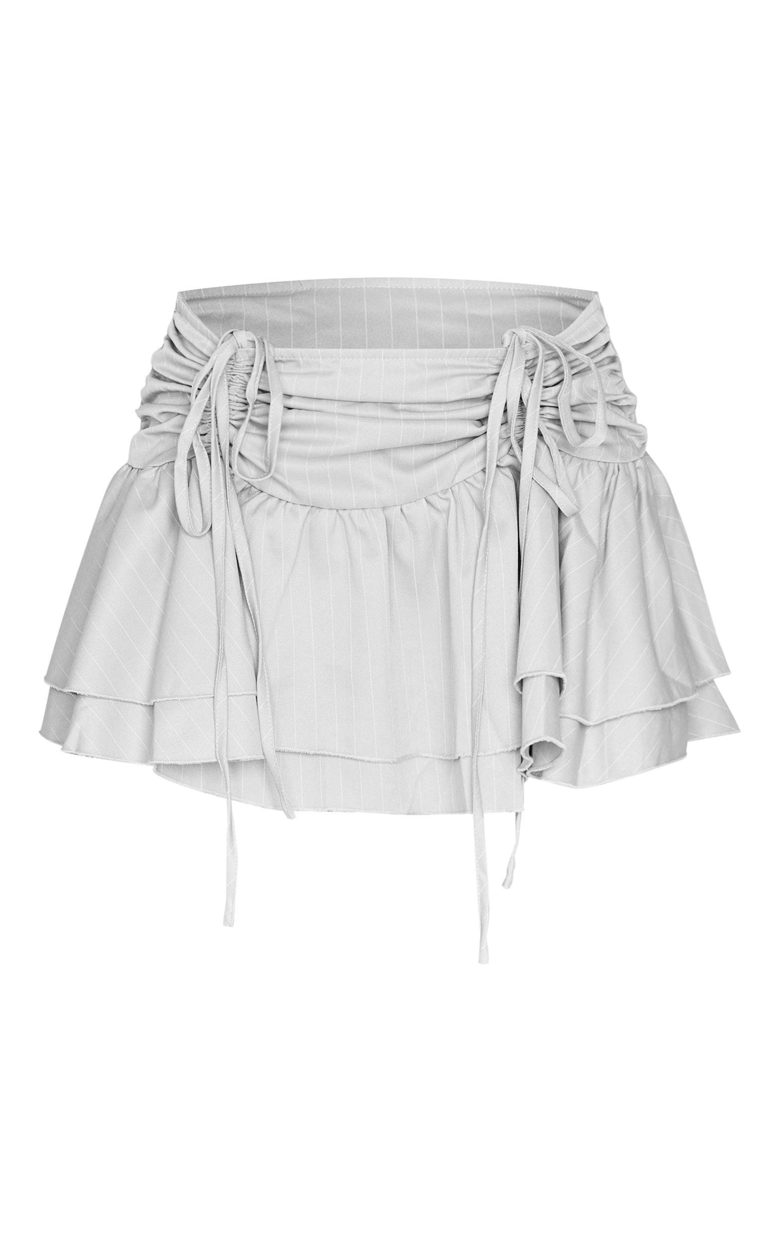 Pale Grey Pinstripe Woven Ruched Front Peplum Mini Skirt Product Image