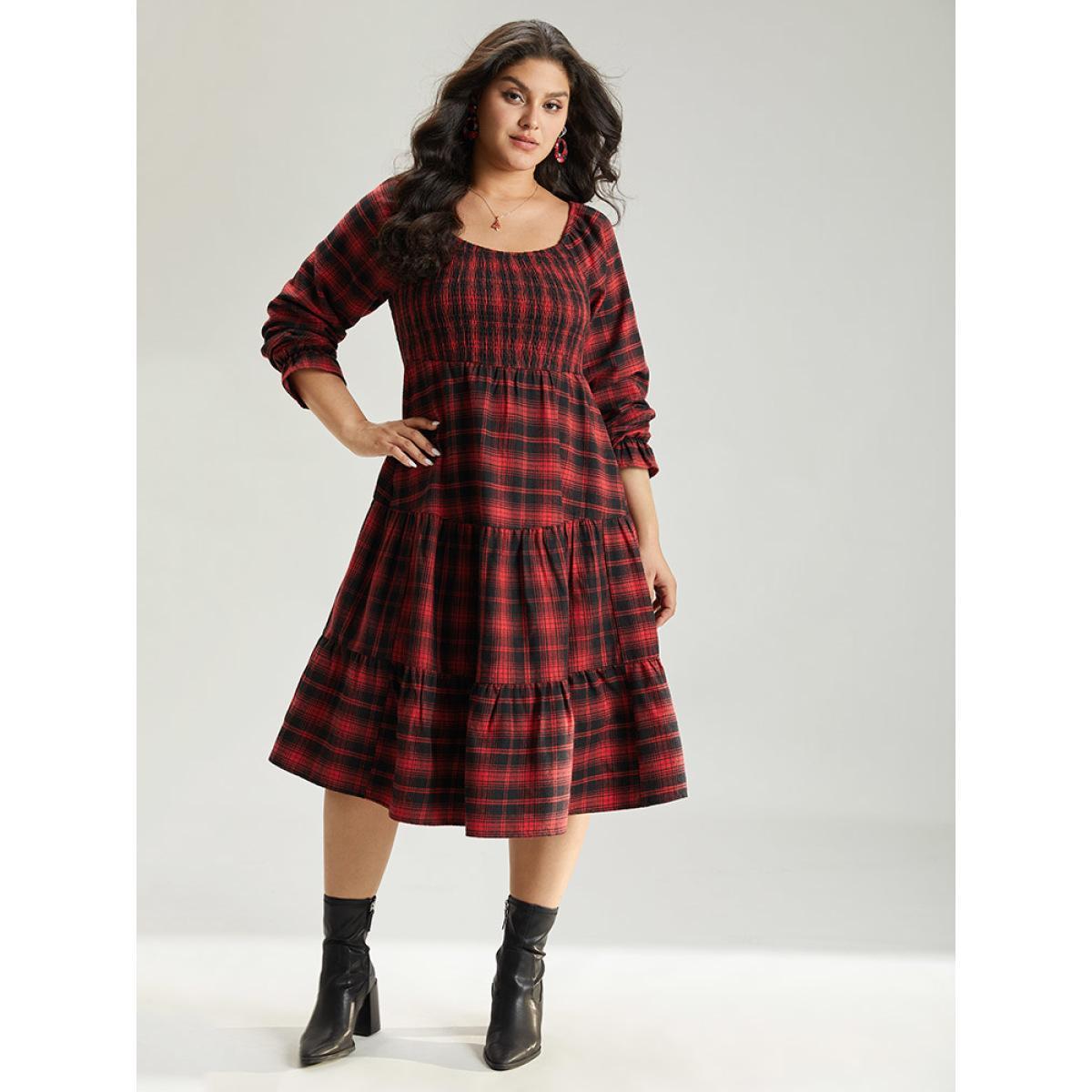 Plus Size Plaid Shirred Pocket Ruffle Trim Midi Dress Raspberry Women Elegant Gathered Square Neck Long Sleeve Curvy Midi Dress BloomChic 26/4X Product Image