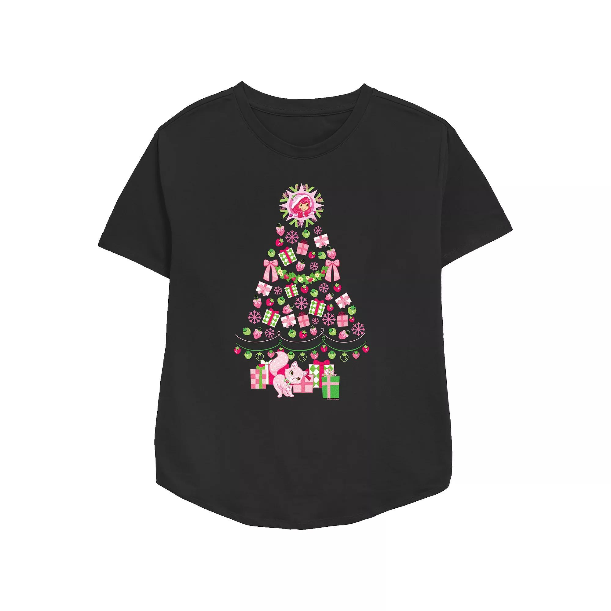 Women's Strawberry Shortcake Berry Christmas Tree Relaxed Fit Graphic Tee, Size: Small, Black Product Image