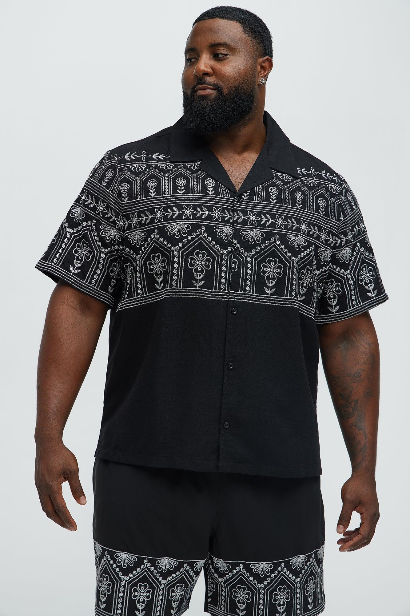 Embroidered Floral Cuban Collar Button Up Shirt - Black/combo Product Image