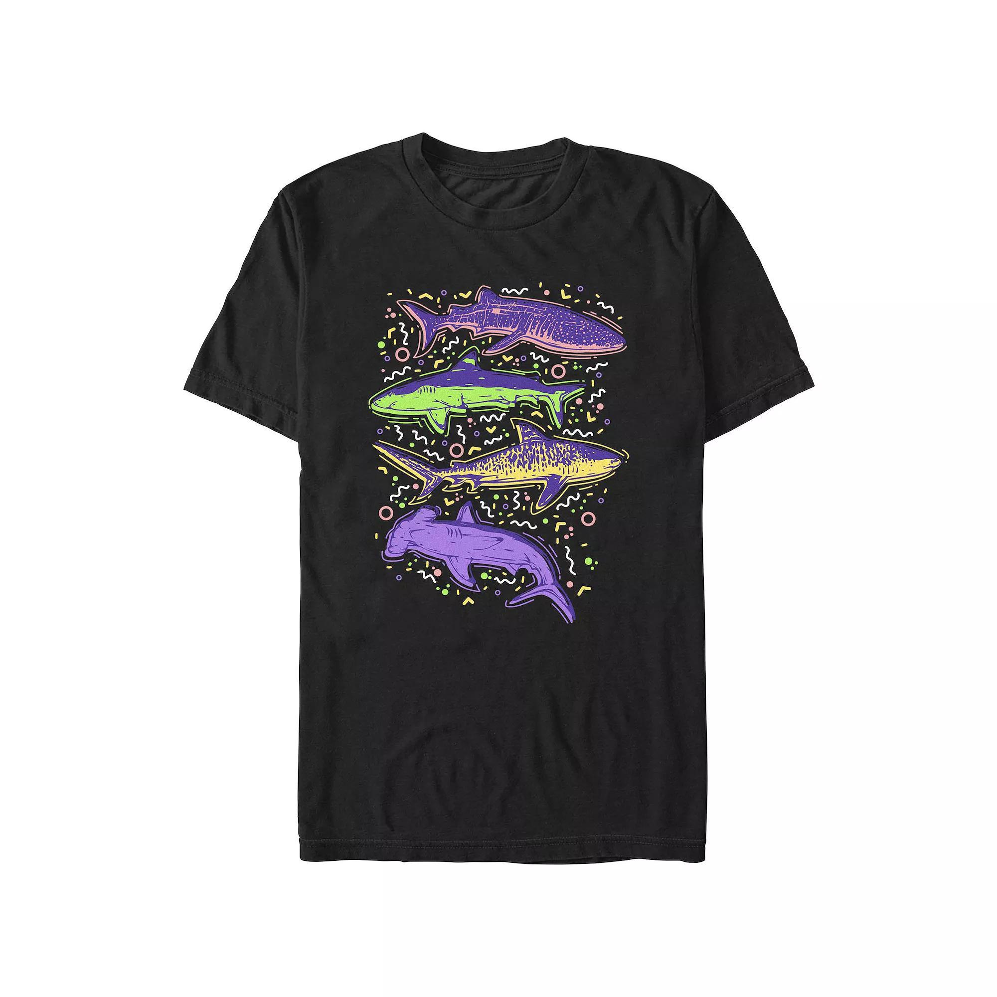 Men's Colorful Sharks And Doodles Graphic Tee, Size: Large, Black Product Image