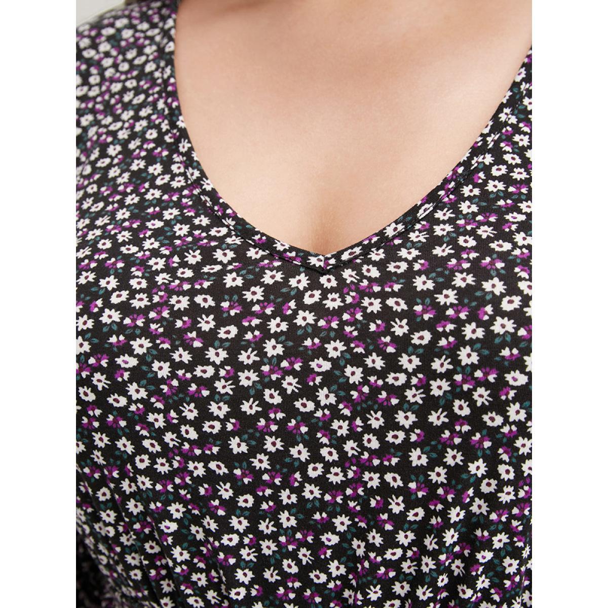 Plus Size Ditsy Floral Pocket Pocket Belted Asymmetrical Hem Dress Midnight Women Elegant V-neck Long Sleeve Curvy Midi Dress BloomChic 30/6X Product Image