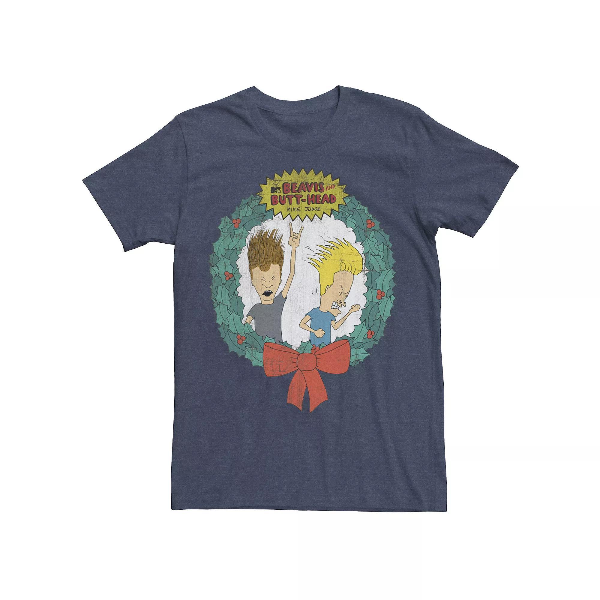 Men's Cartoon Network Beavis and Butthead Christmas Wreath Tee, Size: Large, Grey Heather Product Image