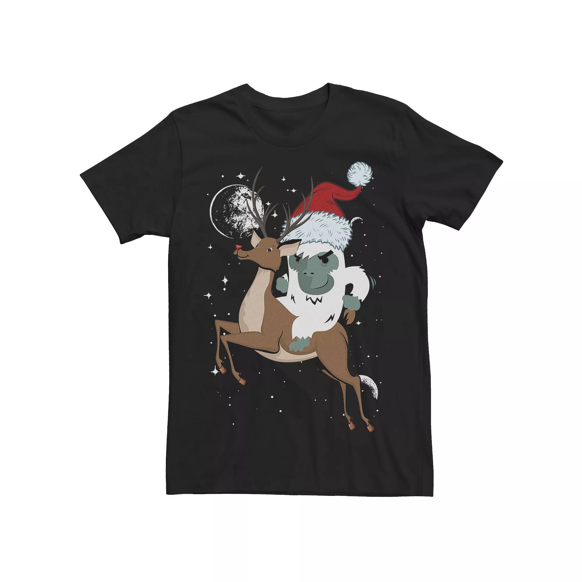 Men's Yeti Riding Rudolf Reindeer Christmas Tee, Size: 3XL, Black Product Image