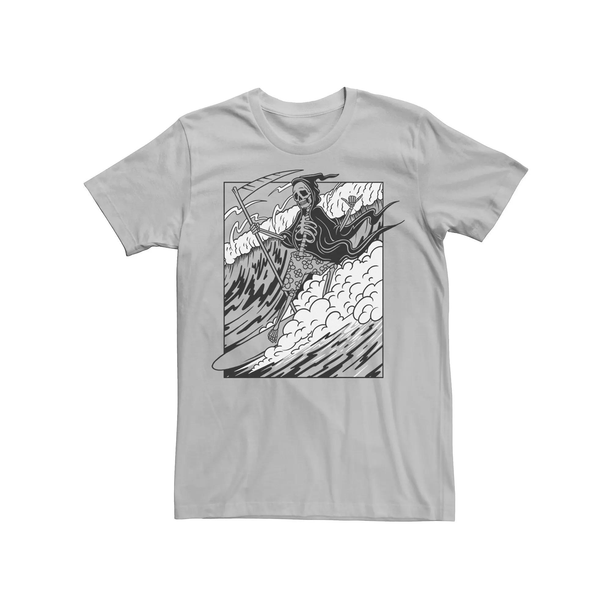 Men's Grim Reaper Riding The Wave Poster Graphic Tee, Size: Large, Silver Product Image