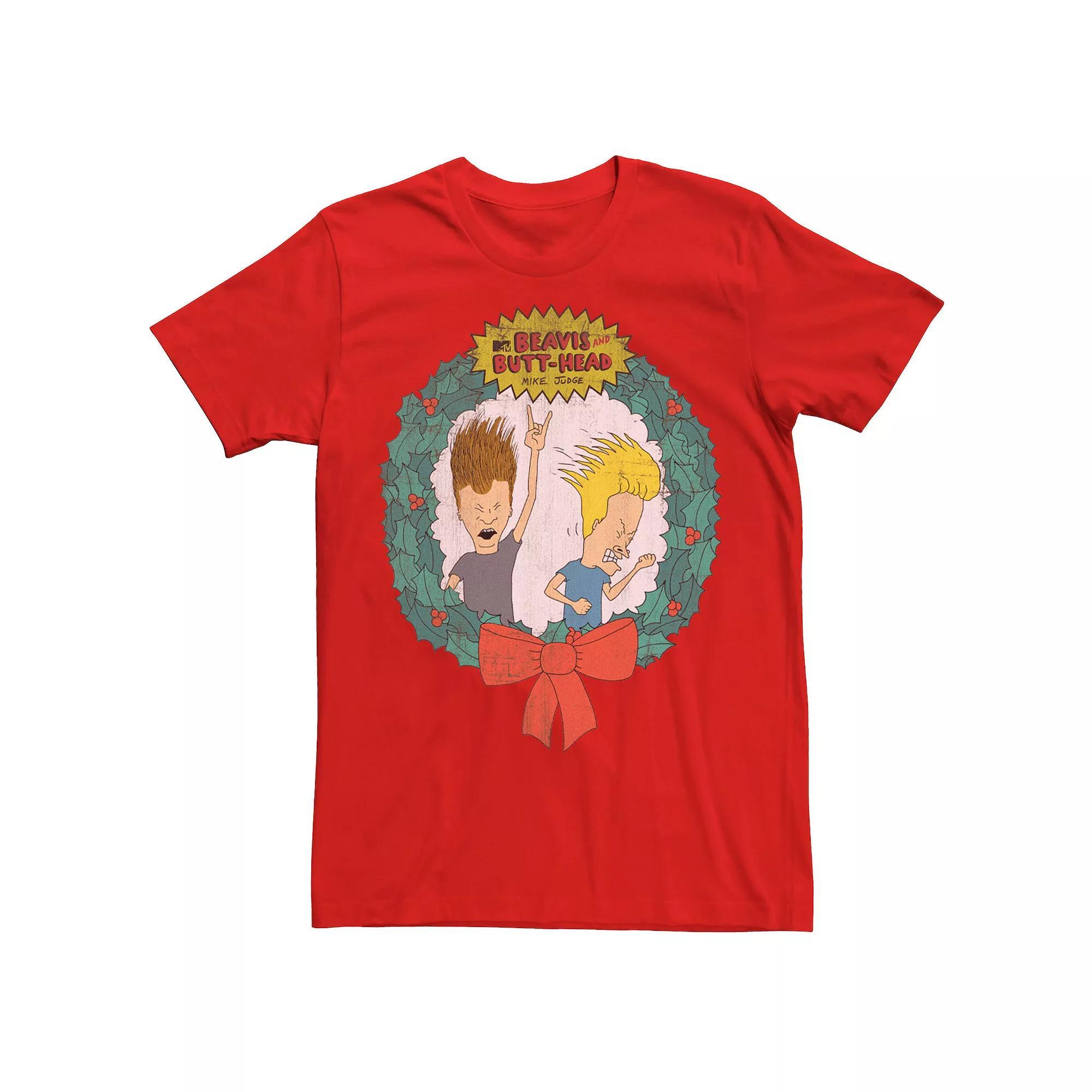 Men's Cartoon Network Beavis and Butthead Christmas Wreath Tee, Size: Large, Grey Heather Product Image