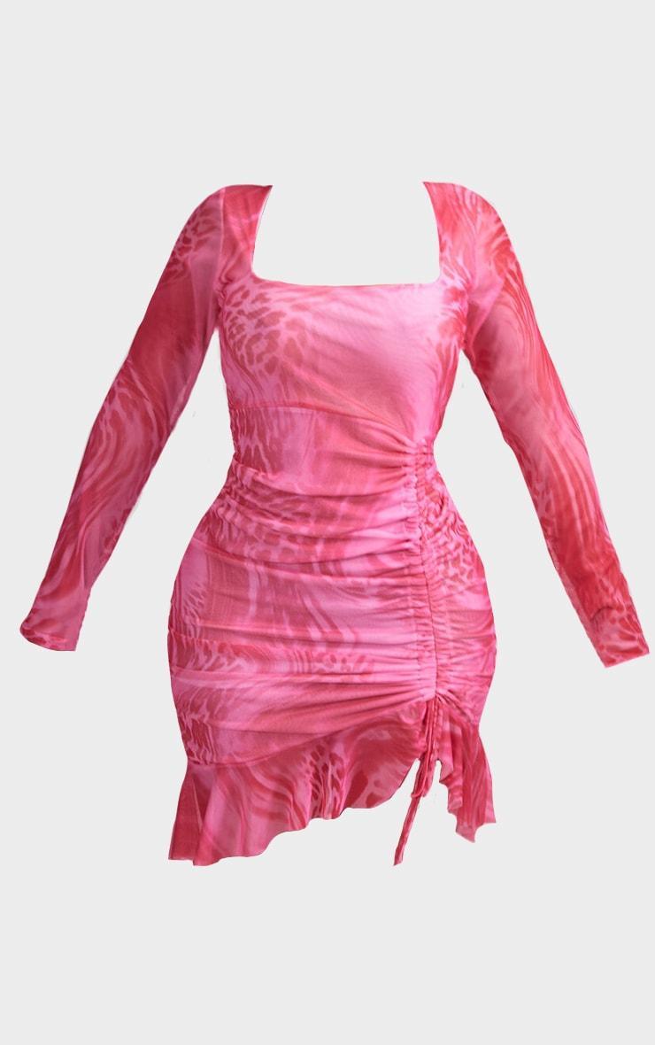 Shape Bright Pink Abstract Leopard Mesh Ruched Side Frill Hem Bodycon Dress Product Image
