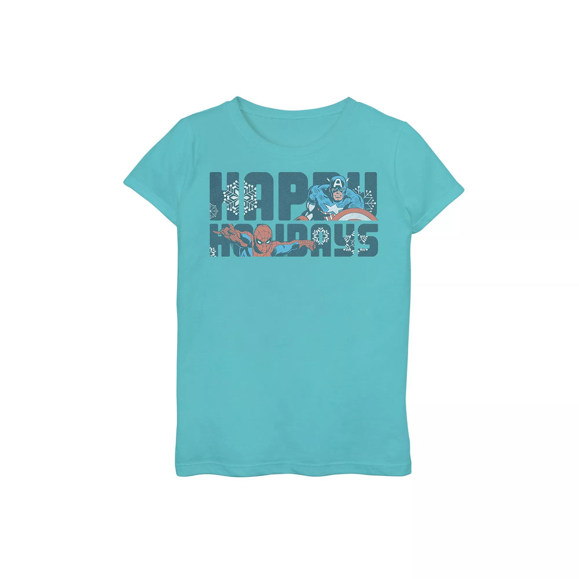 Girls 7-16 Marvel Spider-Man And Captain America Happy Holidays Tee, Girl's, Size: Small, Tahi Blue Product Image