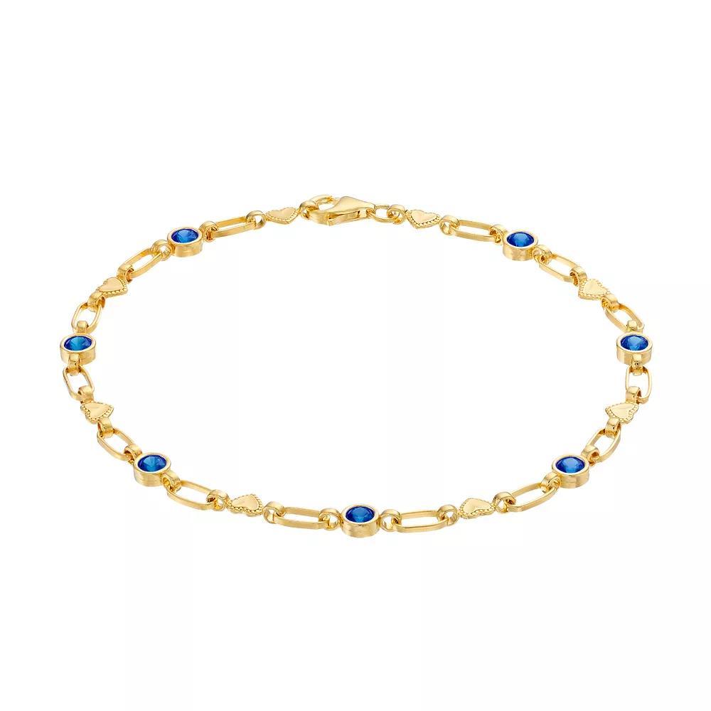 Kristen Kesho Sterling Silver Lab-Created Sapphire Heart Link Bracelet, Women's, Size: 7.5", Gold Tone Product Image